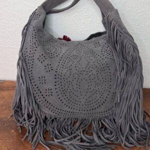 Johnny Was Gray Suede Fringe Hobo Bag
